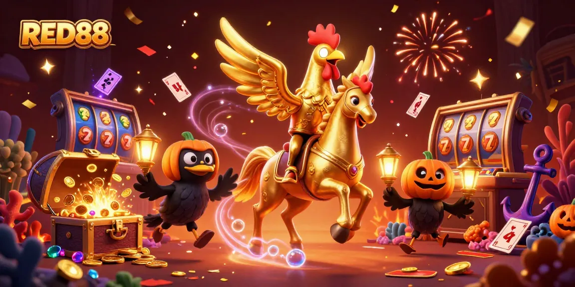Experience thrilling gameplay at RED88 with a golden rooster riding through a vibrant casino scene.