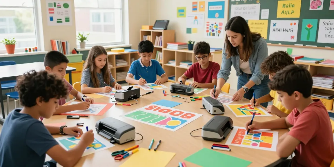 Students using Poster Printers for schools to create colorful projects in a lively classroom.