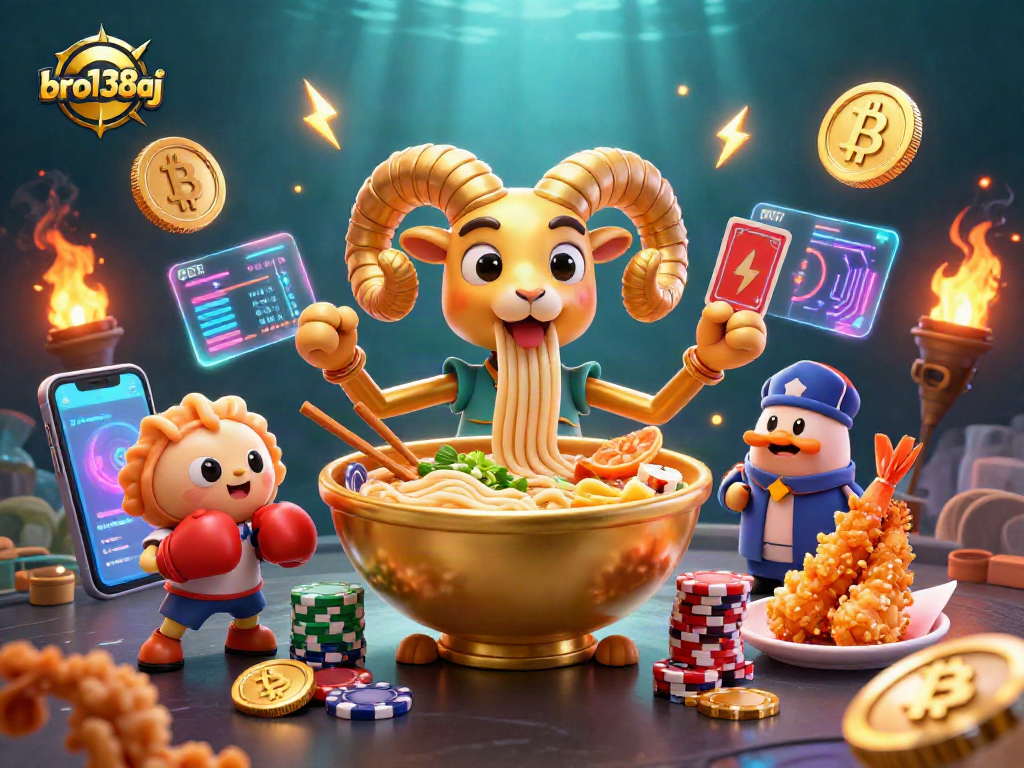 Experience thrilling gaming with bro138aj as a golden ramen bowl deals cards amidst dazzling crypto elements.