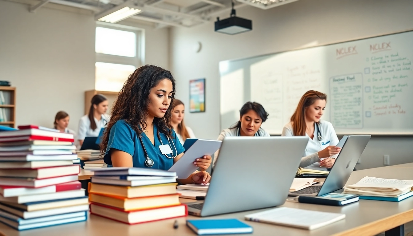 Engaged repeat NCLEX taker review Houston students studying in a bright classroom with helpful resources.