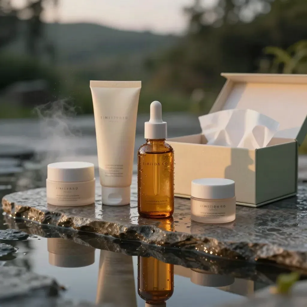 Amber vitamin C serum with cleanser, moisturizer, eye cream and gift box on wet limestone at dusk.