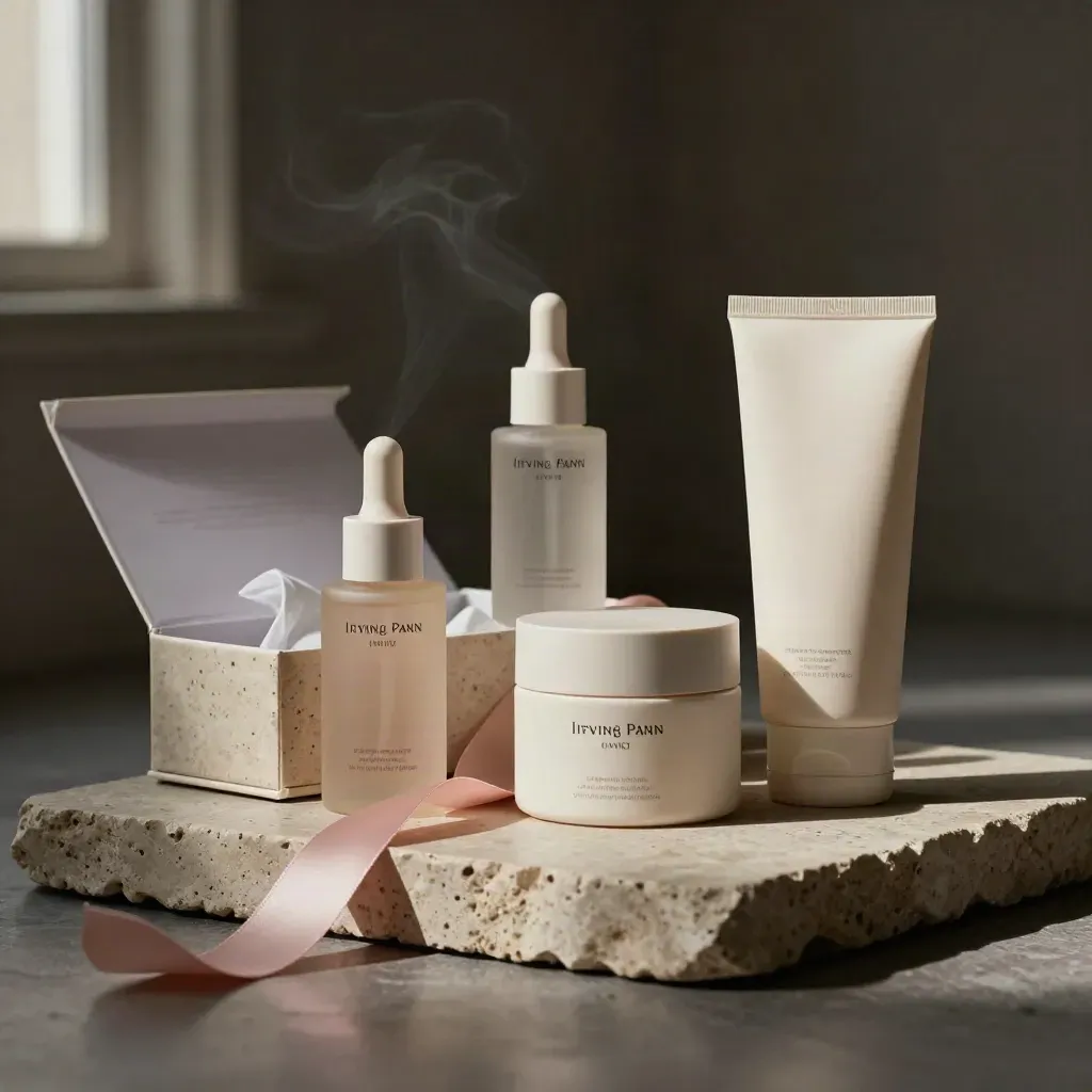 Serum, cream, and cleanser beside an open gift box and blush ribbon on pale travertine.