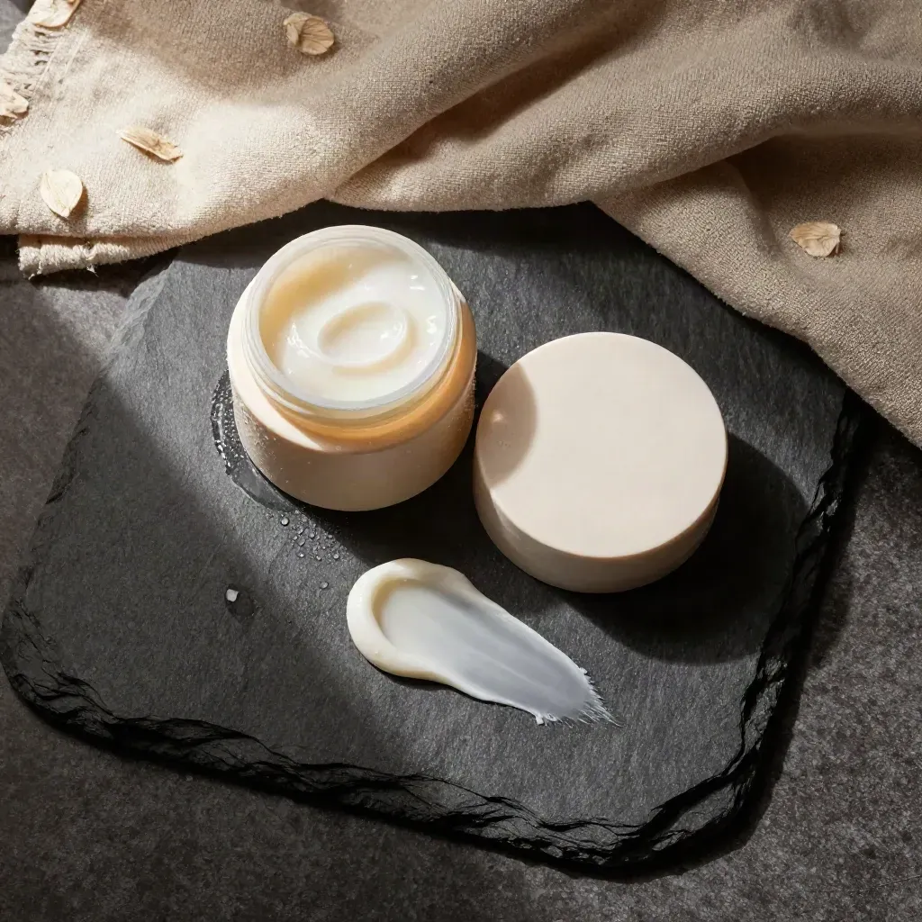 Top-down cream moisturizer jar, lid, linen, wet stone and swatch on slate.