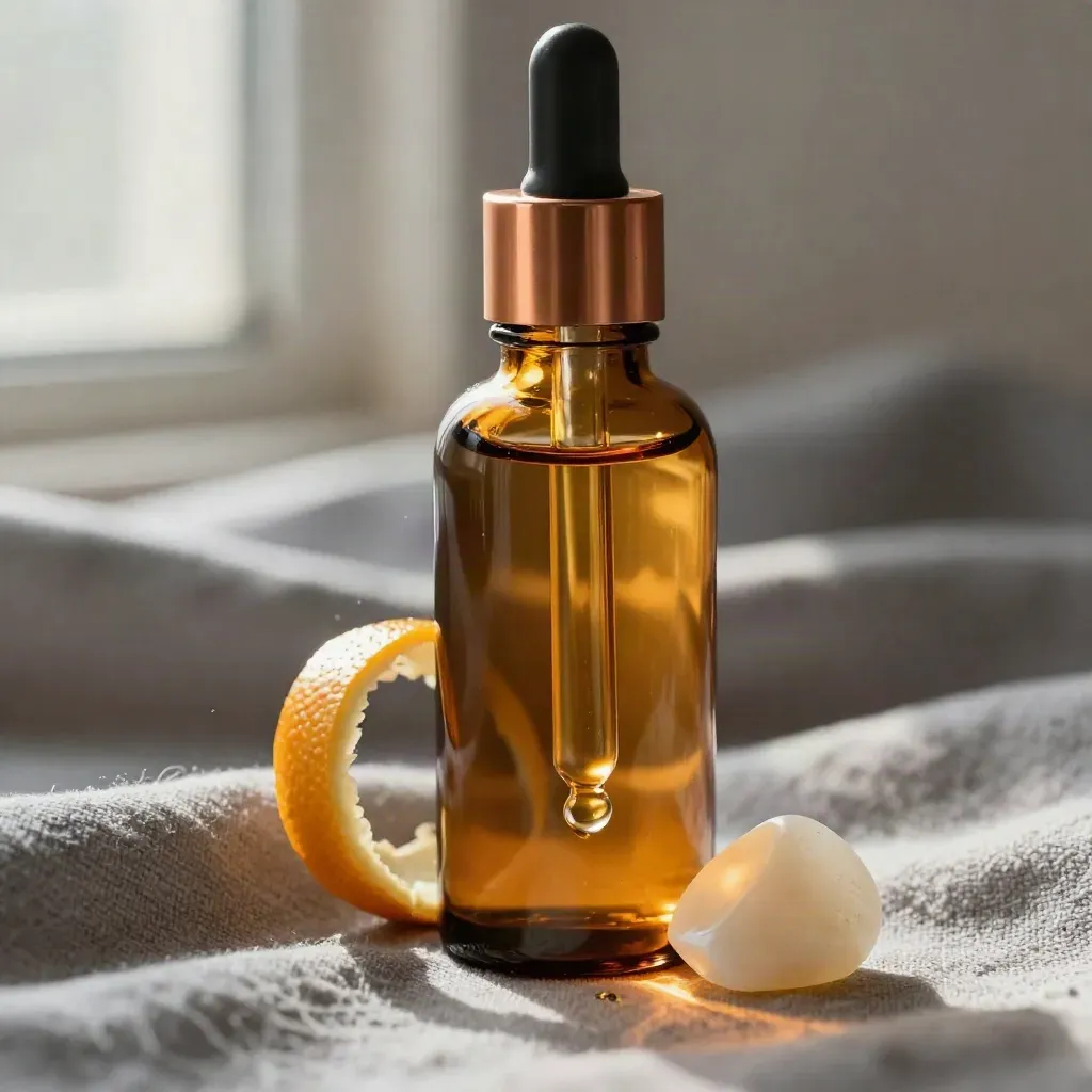 Amber serum bottle with copper cap, citrus peel, bead and alabaster shard in macro close-up