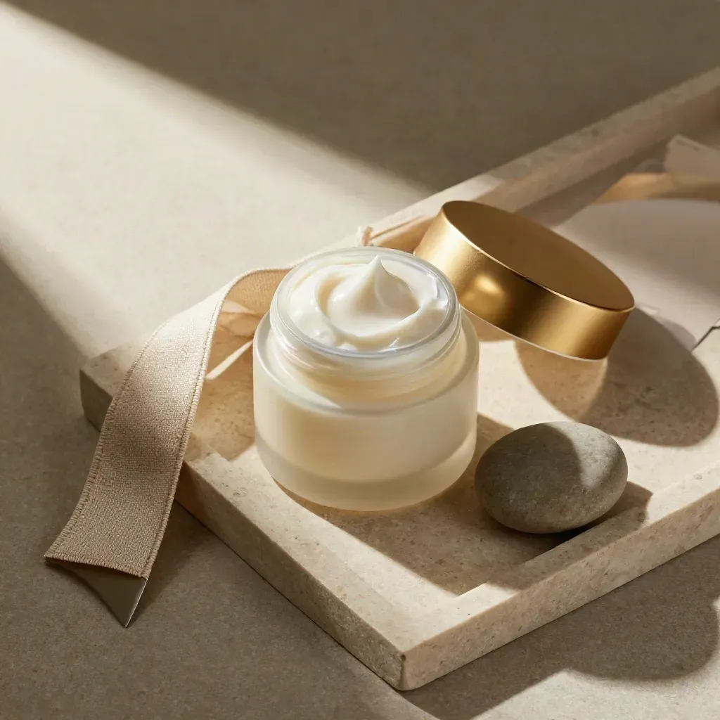 Night repair cream jar on plaster tray with linen, river stone, and soft gold light.