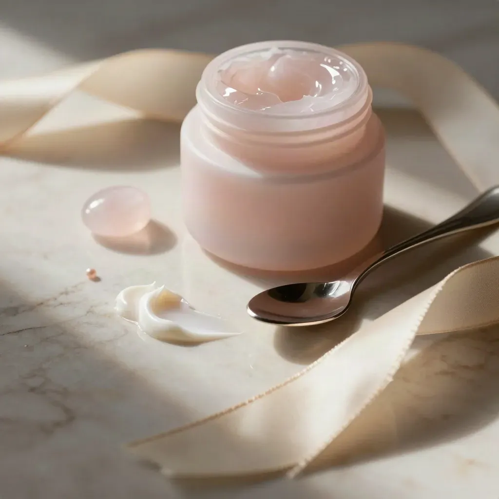 Rose eye cream jar with quartz pebble, spoon, and silk ribbon on marble.