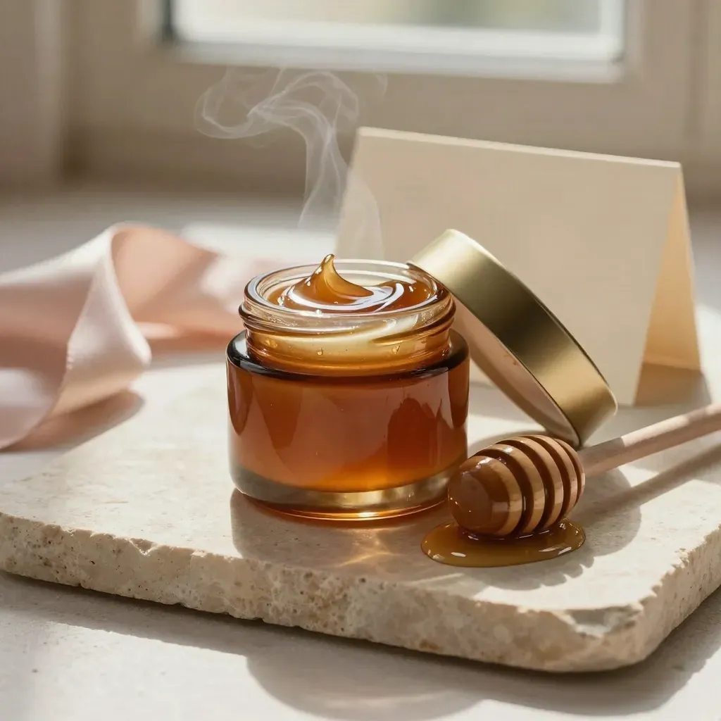 Honey mask jar with lid, amber smear, and honey dipper on stone