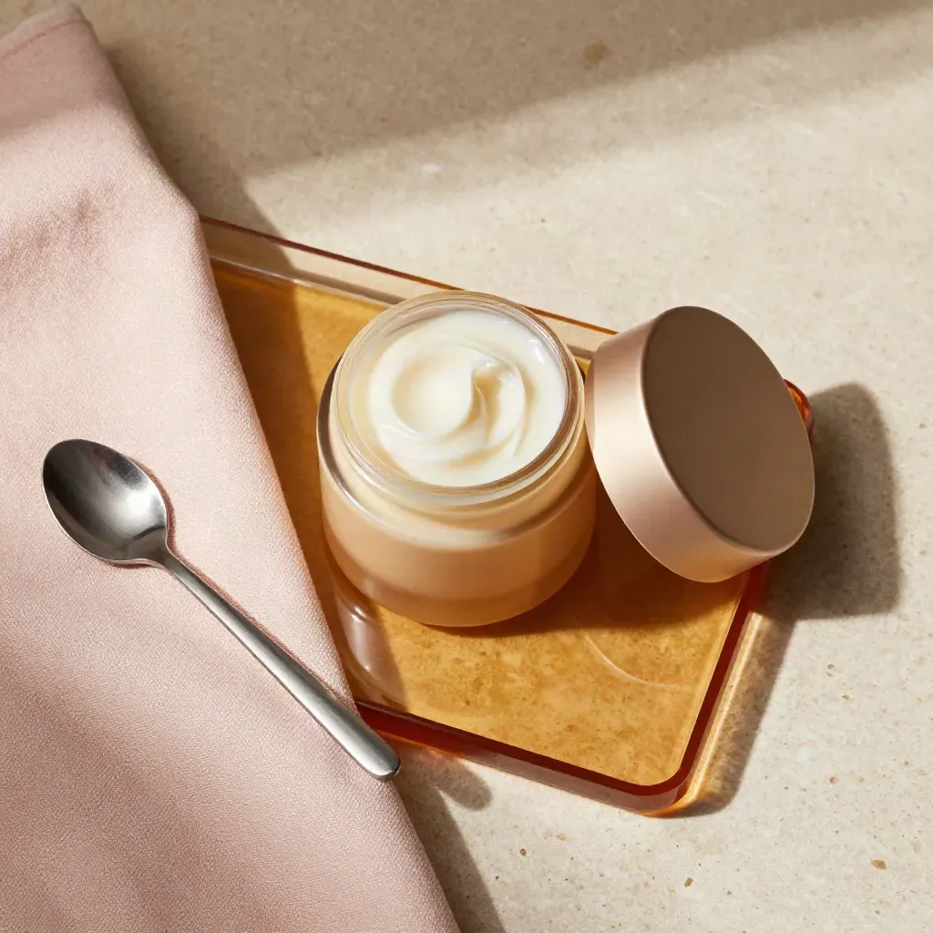 Overhead moisturizer flatlay on travertine with spoon, linen, amber tray and cream peak.