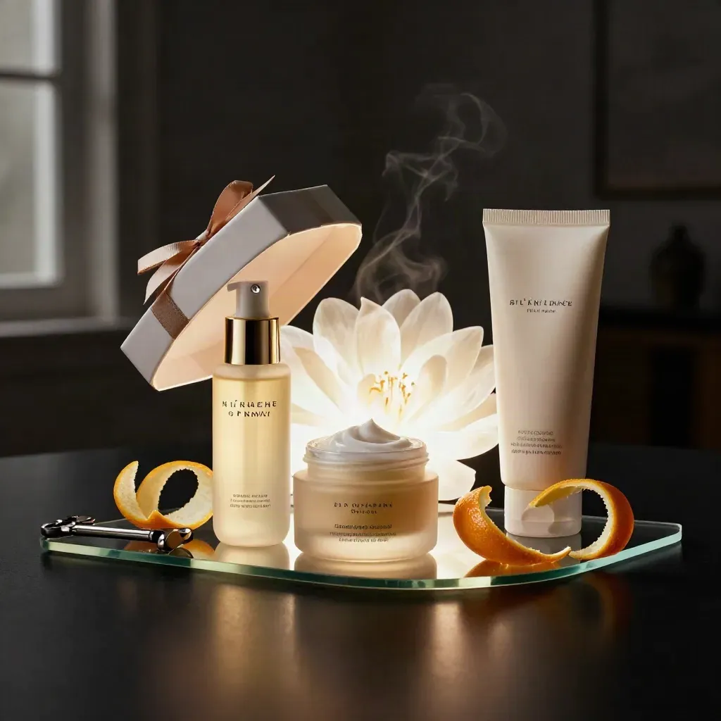 Serum, cream and cleanser with citrus peel on glass trays, lit dramatically on black