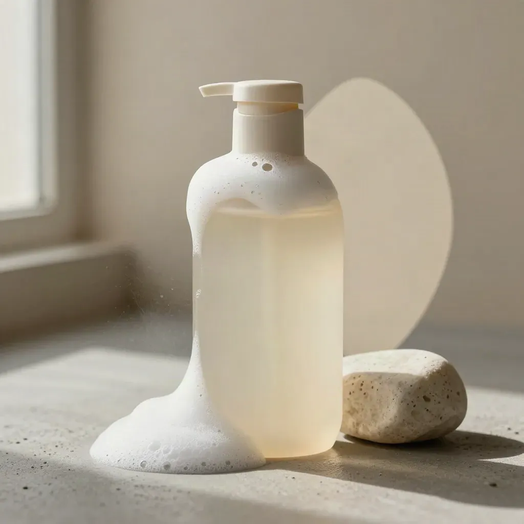 Foamy cleanser bottle on brushed concrete beside stone basin and ceramic cap.