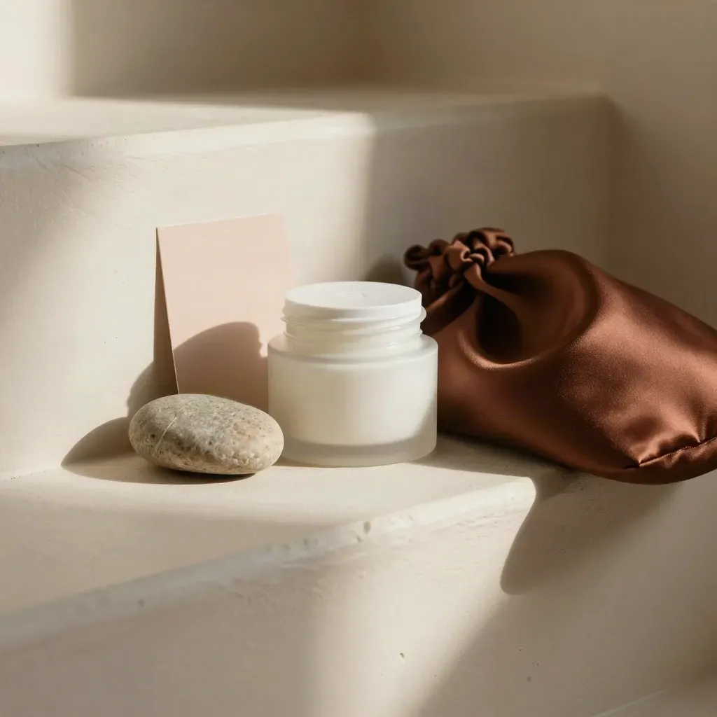 Eye cream jar with pebble and satin pouch on a cream plaster step, softly lit