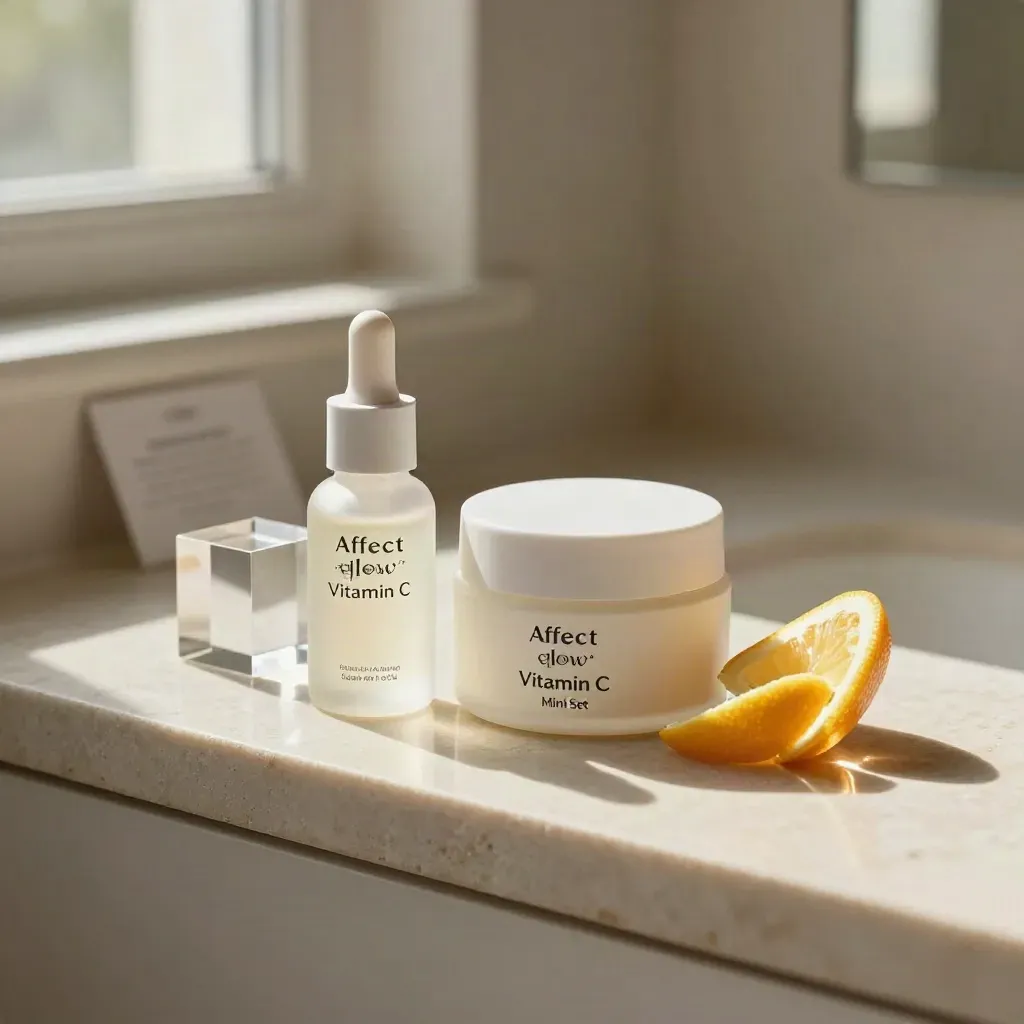Vitamin C mini serum and cream set on pale stone with citrus peel and acrylic block.