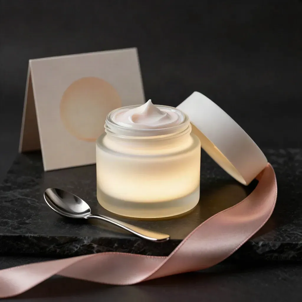 Night glow cream jar with spoon and silk on dark stone in dramatic studio light.