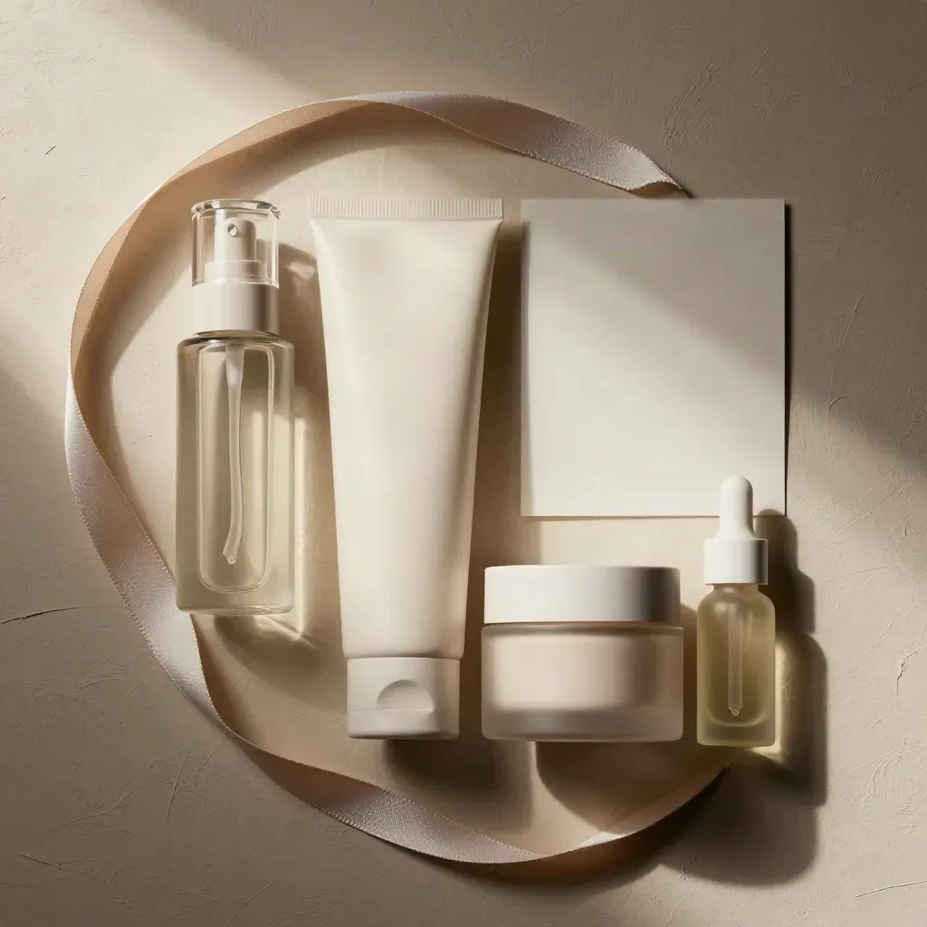 Four skincare products arranged in a precise overhead flat lay on warm plaster.