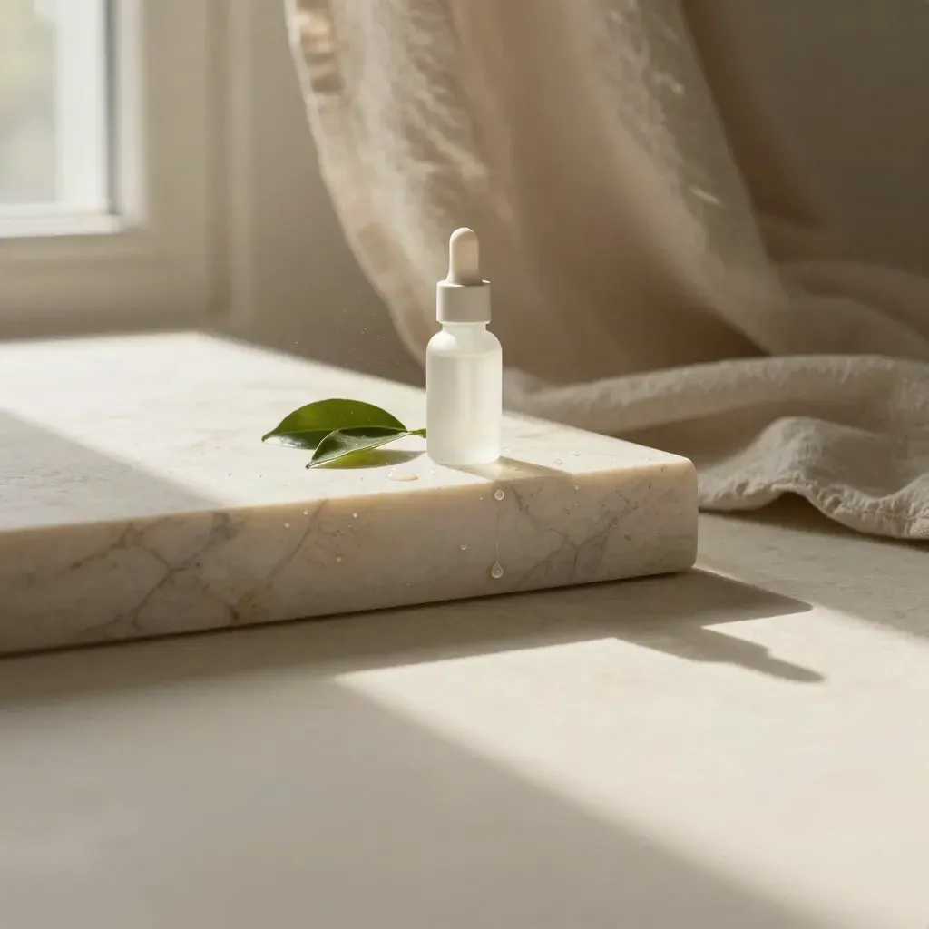 Marble ledge with serum droplets, citrus leaves and linen drape in soft morning light.