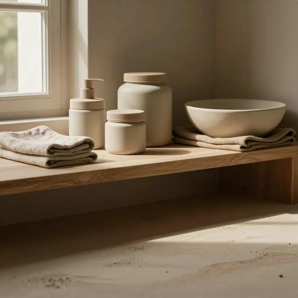 Plaster nook with cream jars, folded towels and a ceramic basin in warm afternoon light.