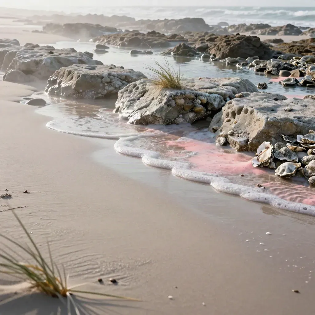 Shoreline rocks and a tide pool with surf slipping back under soft sea mist.