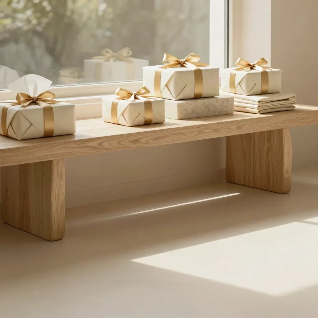 Sunlit interior with wrapped gift parcels on a pale wood bench and calm open floor space