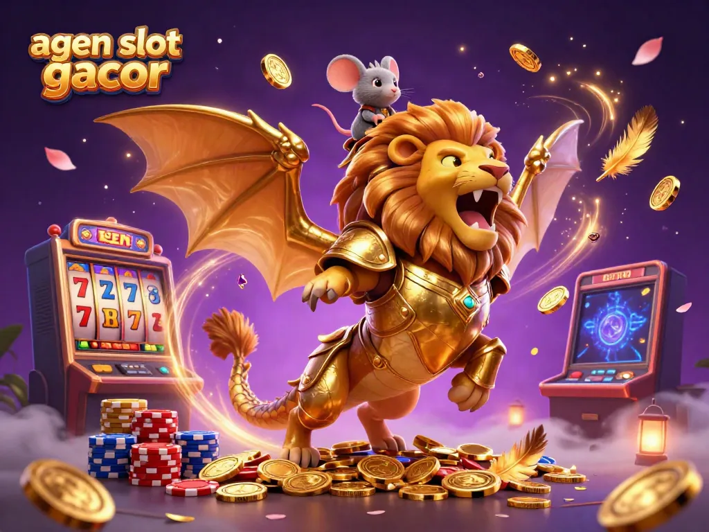 Engage in top-tier action with agen slot gacor, featuring a majestic chimera, spinning slot reels, and shimmering coins.