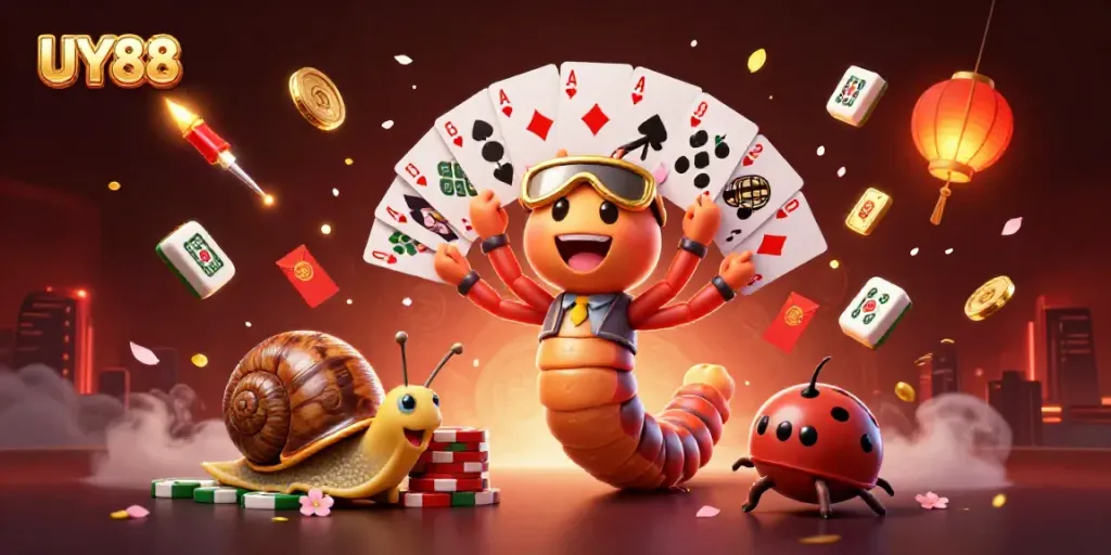 Experience the excitement of UY88 with a unique casino scene featuring a colorful dealer and playful characters.