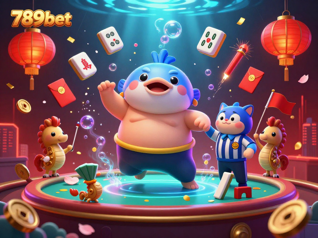 Engage in the lively underwater casino scene featuring 789bet with a puffed fugu sumo wrestler and colorful decorations.
