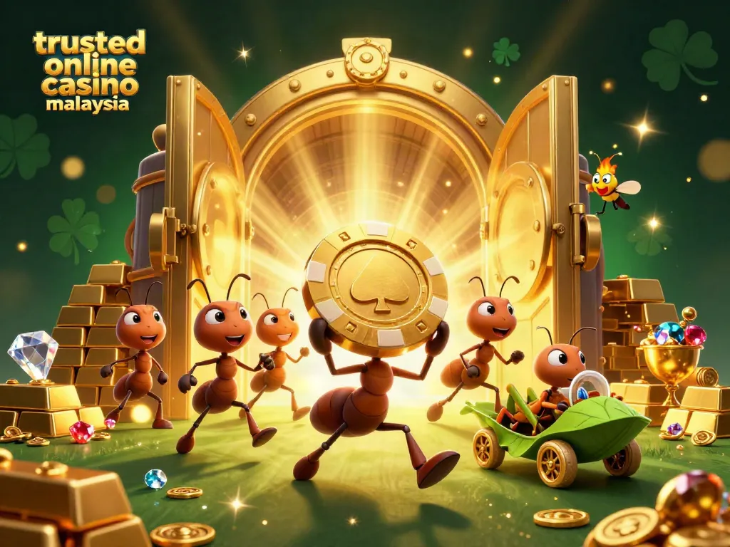 Engage with the trusted online casino malaysia scene featuring ants on a heist with golden elements.