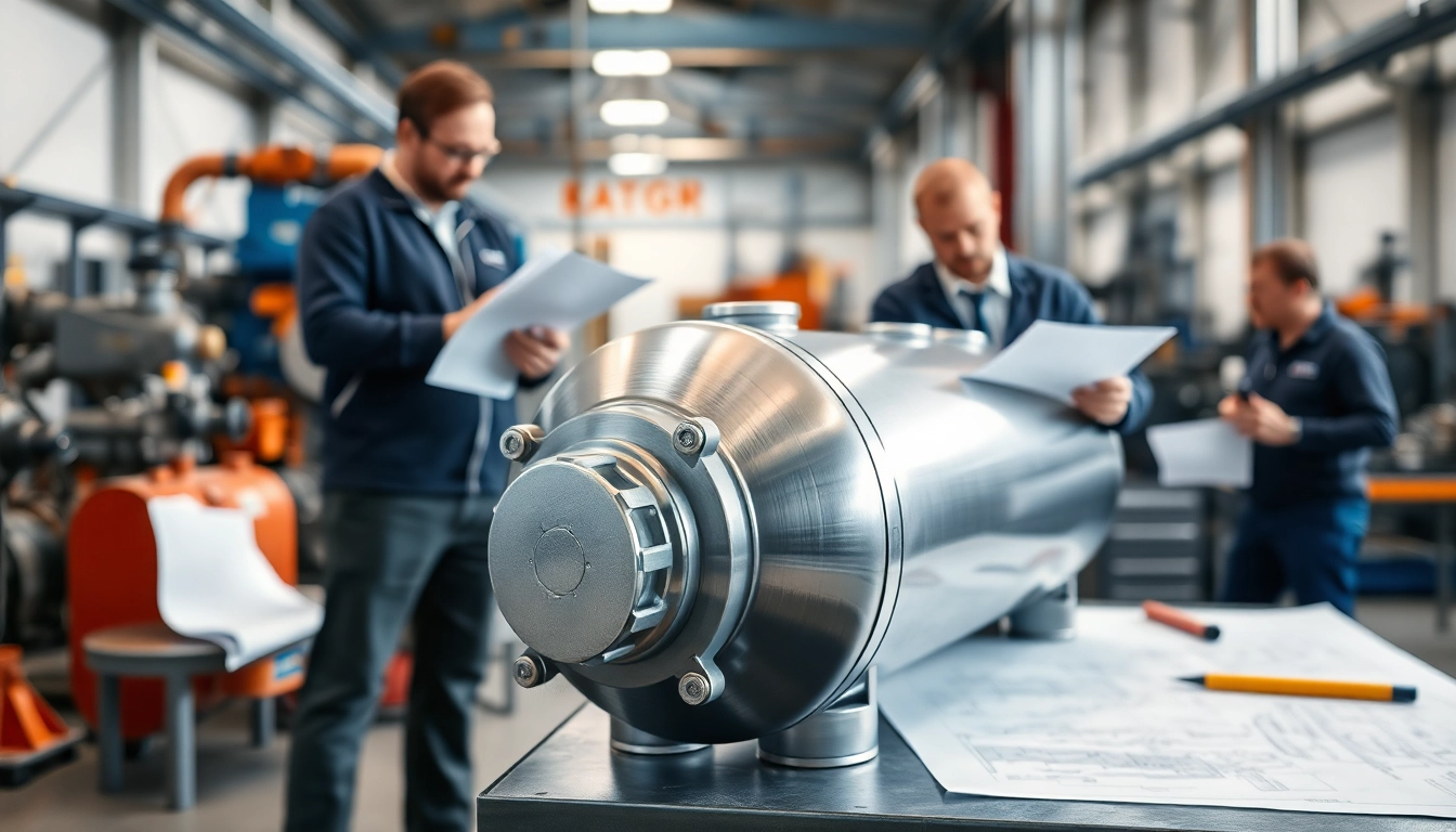 Engineers collaborating on Pressure Vessel Design with a focus on a detailed cylindrical vessel.