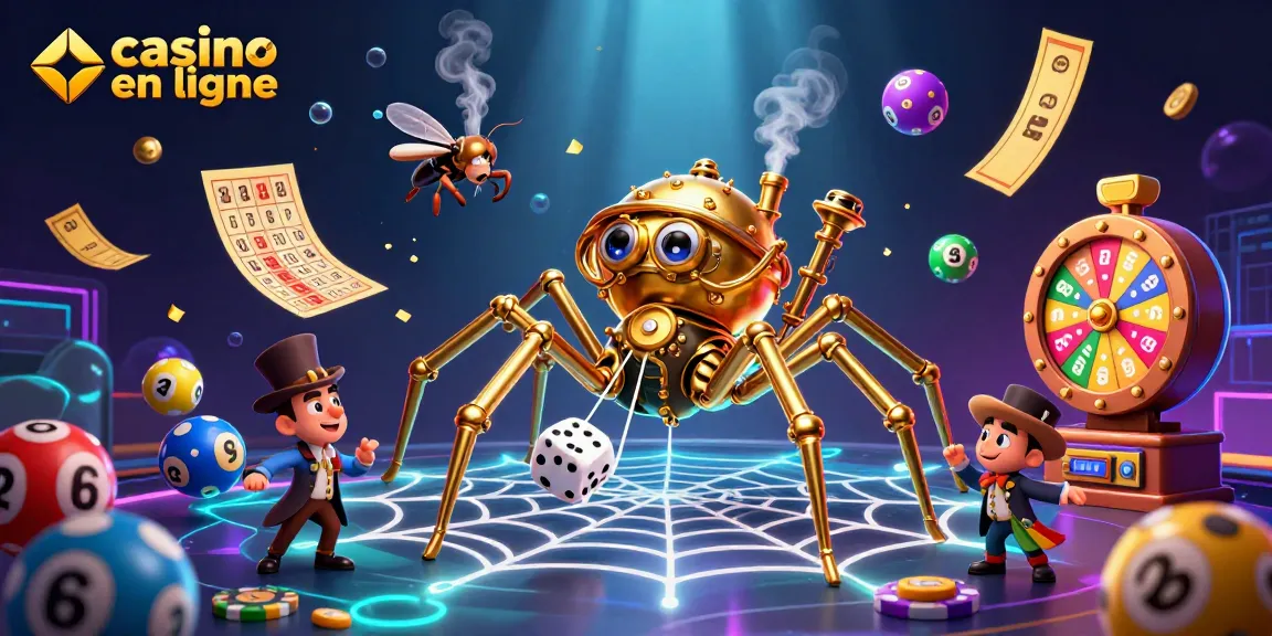Jouez au casino en ligne avec une toile d'araignée steampunk et des éléments de loterie colorés.