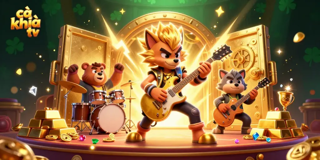 Cà khịa tv showcases an electrifying casino scene with a rock star wolf playing guitar amidst treasure and sparkle.