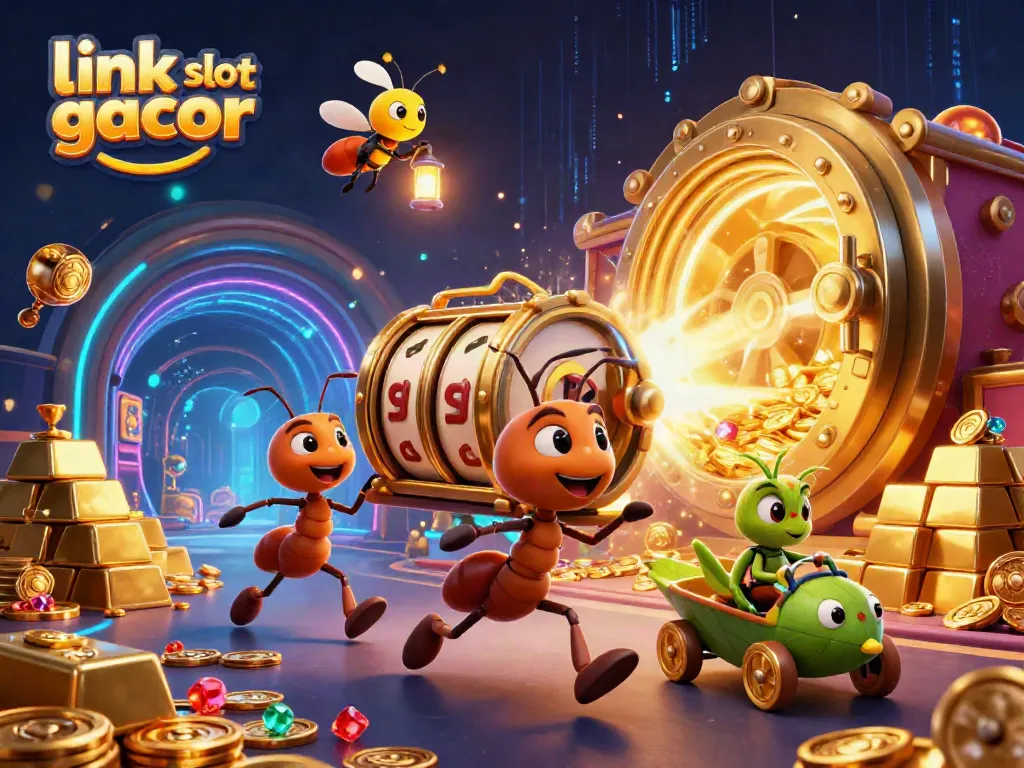 Raih kemenangan di link slot gacor dengan ilustrasi tim semut mencuri jackpot emas di kasino.