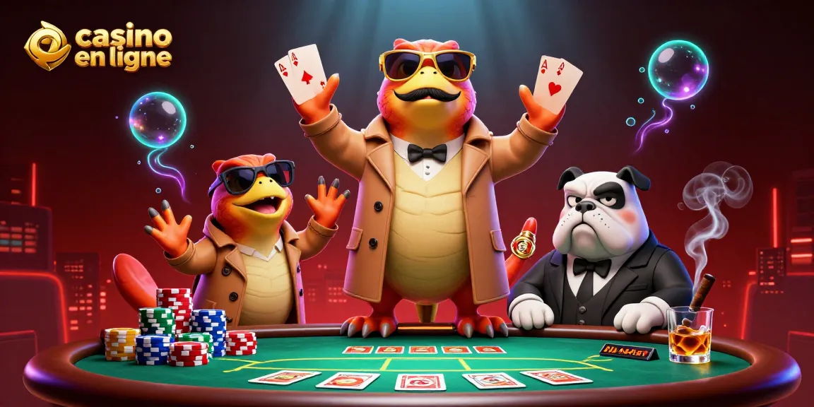 Jouez à casino en ligne avec une scène animée de raptors en trench coat et un bulldog.