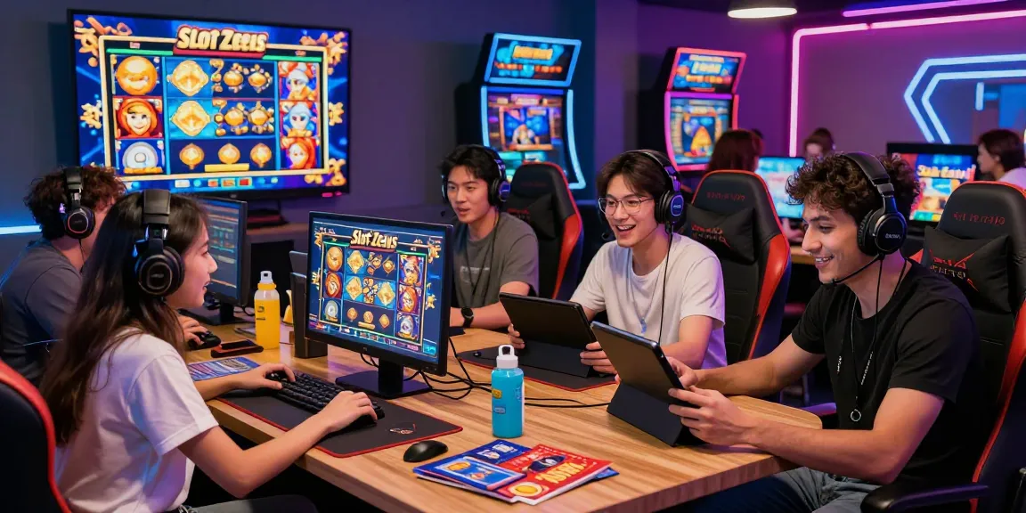 Exciting gaming atmosphere at situs raja, showcasing players enjoying Slot Zeus in a vibrant lounge.