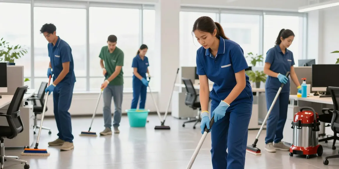 Unterhaltsreinigung Dortmund: Professionelles Reinigungsteam in einem modernen Büro, das umweltfreundliche Produkte einsetzt.