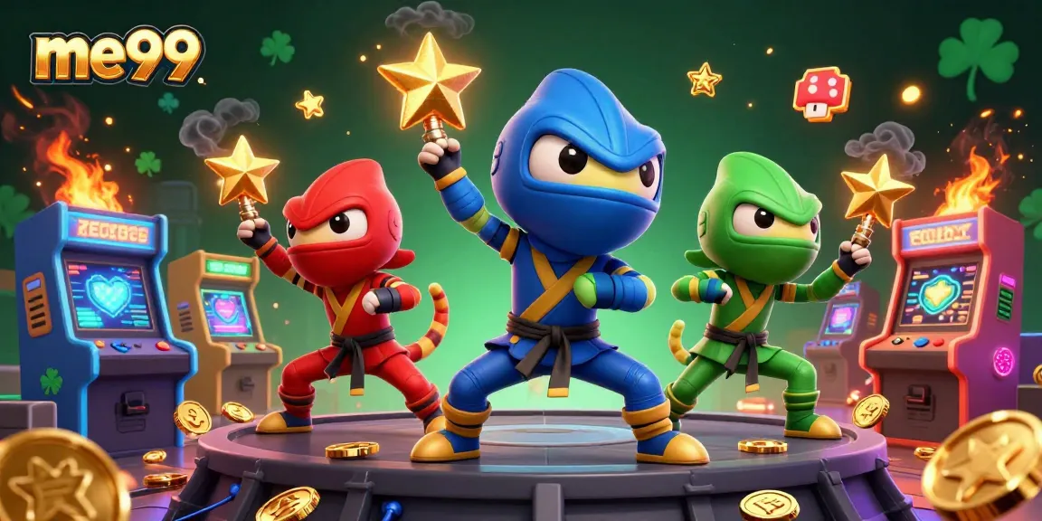 Experience the thrill of gaming at me99 with colorful ninjas, arcade machines, and casino elements.