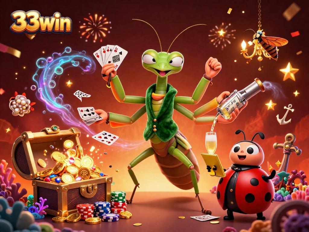 Engage with the exciting world of 33win, showcasing a vibrant casino scene with a unique praying mantis dealer.