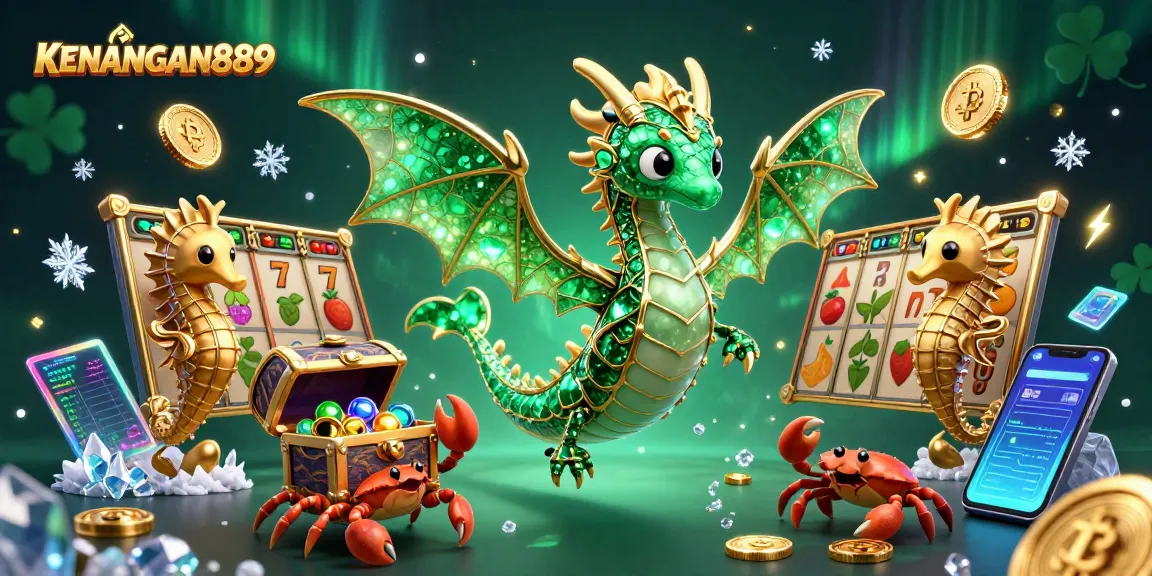 Experience KENANGAN889's vibrant online slots with a dazzling 3D illustration of a sea dragon and treasure.