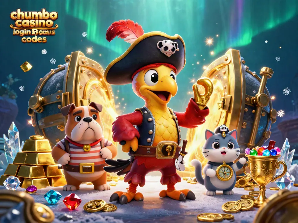 Claim free coins with chumba casino login bonus codes featuring a pirate captain and his crew amidst treasure.