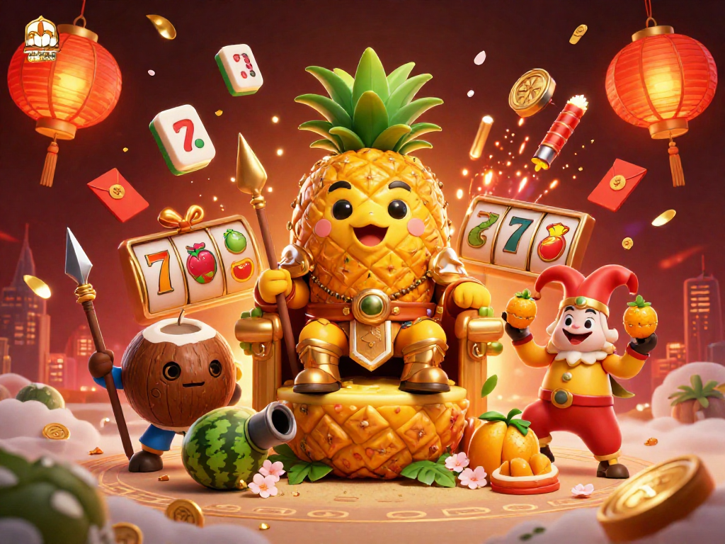 Engage with the vibrant world of link slot gacor featuring a golden pineapple king and dynamic casino elements.