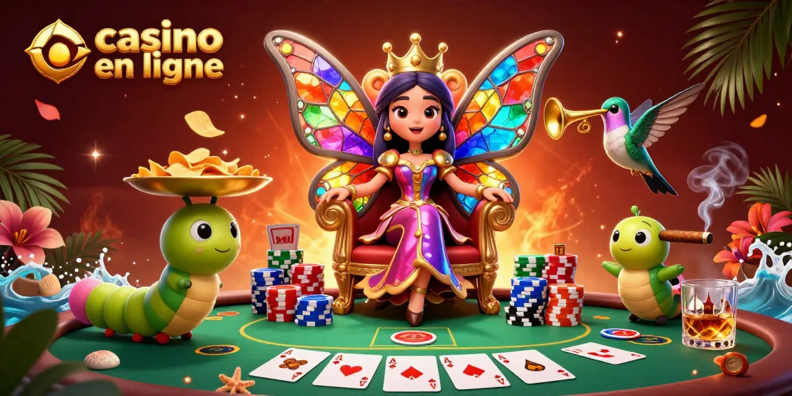 Illustration vibrante d'une reine papillon sur un trône, illustrant l'univers du casino en ligne.