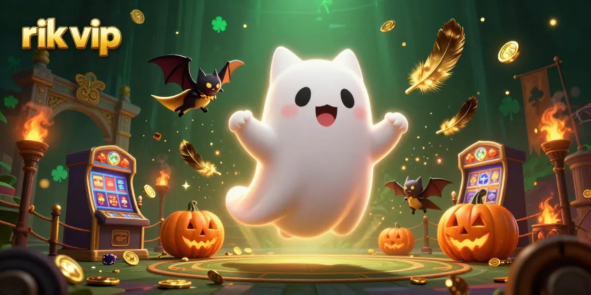 Engage with the exciting world of rik vip, highlighted by a friendly ghost cat and vibrant casino elements.