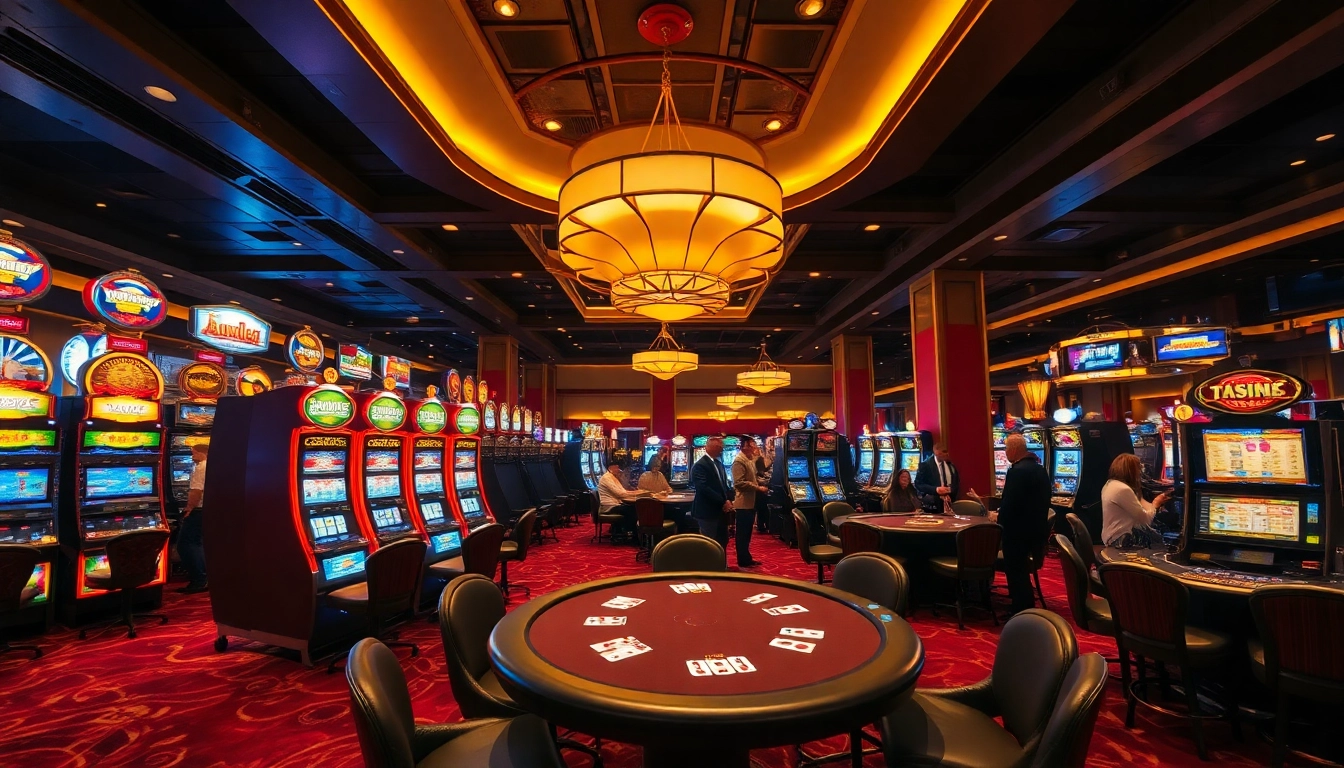 Rasakan pengalaman agen89 di kasino modern dengan mesin slot yang cerah dan meja kartu elegan.