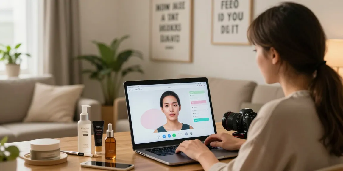 User using online tool to find out how old do I look by uploading a photo at home, surrounded by beauty products.