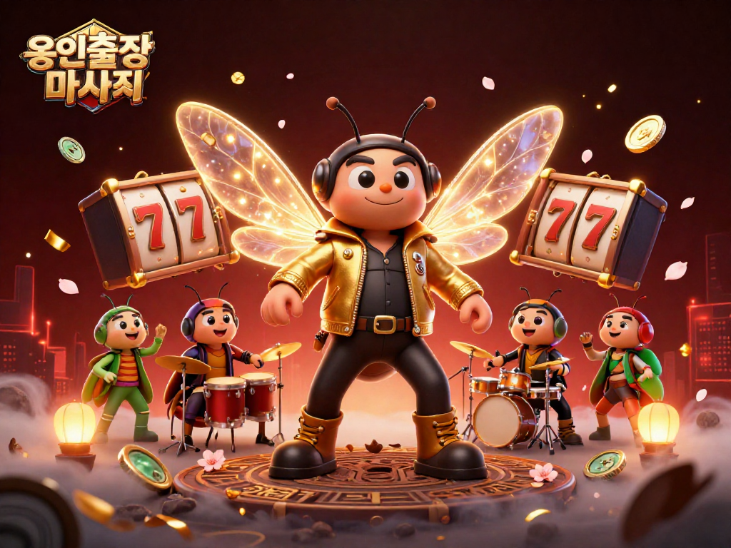 Engage in 용인출장마사지 with vibrant colorful 3D illustration showcasing a cicada rock star and casino elements.