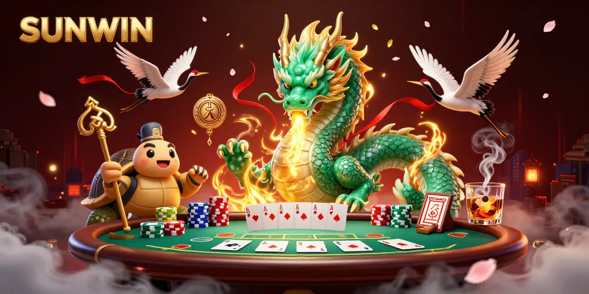 SUNWIN engages players with a vibrant casino scene featuring a jade dragon, poker elements, and dynamic casino gameplay.