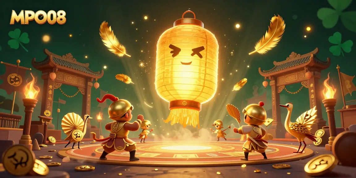 MPO08 engages players with a vibrant casino scene featuring a golden lantern spirit, interactivity, and rich gaming elements.