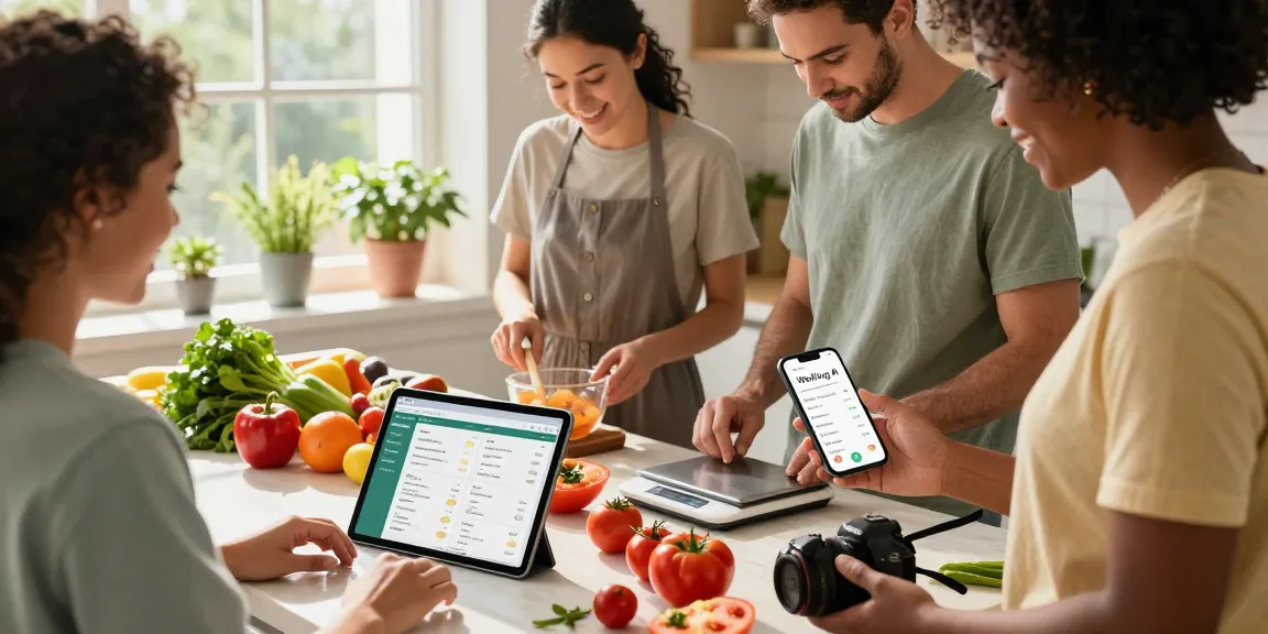 Best calorie tracker showcased in a vibrant kitchen scene with diverse individuals using technology to log meals and track nutritional progress.