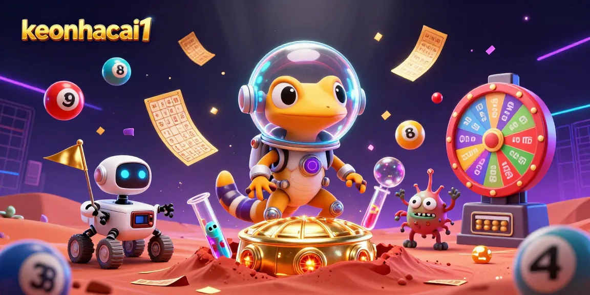 Cheer and win with keonhacai1 at a golden casino on Mars, featuring a retro gecko and lottery elements.