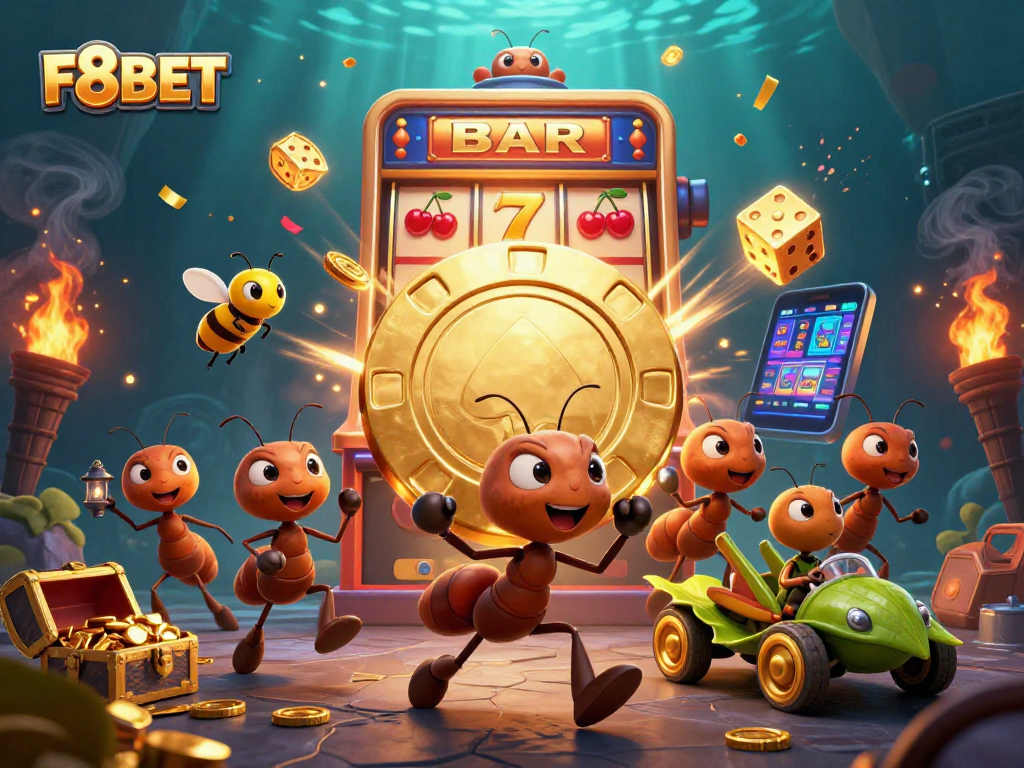 Experience F8BET's thrilling casino adventure with lively ants and a vibrant jackpot scene.