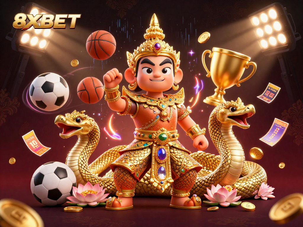 Experience the excitement of 8XBET with dynamic sports elements and a colorful guardian in a rich gambling world.