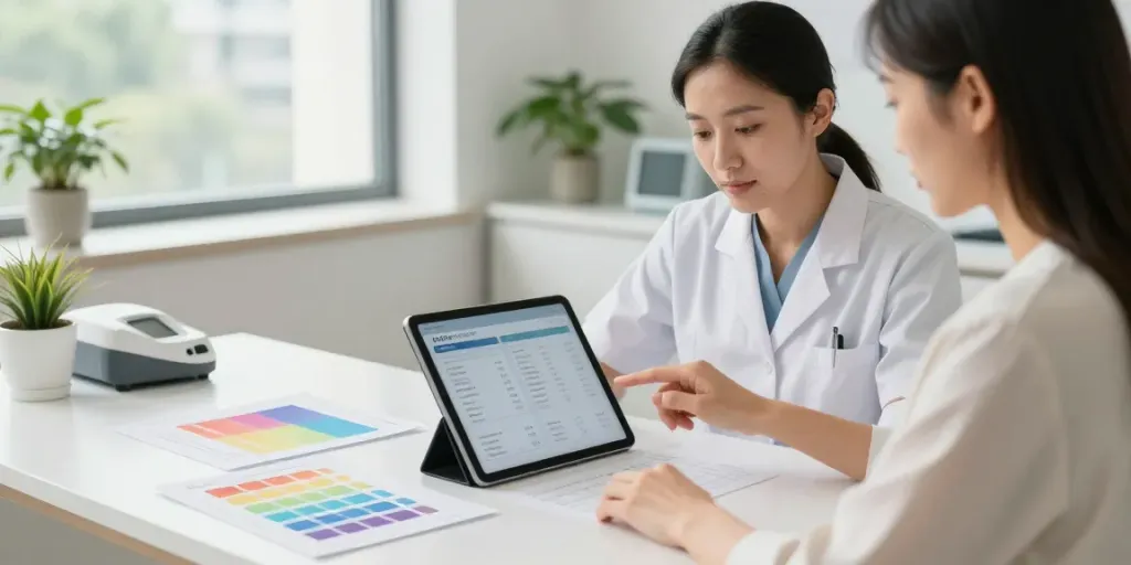 Health professional guiding a client on using a peptide calculator in a modern clinic.